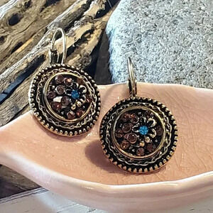 Art Nouveau Style Antique Brass Orange Blue Rhinestone Leverback Earrings